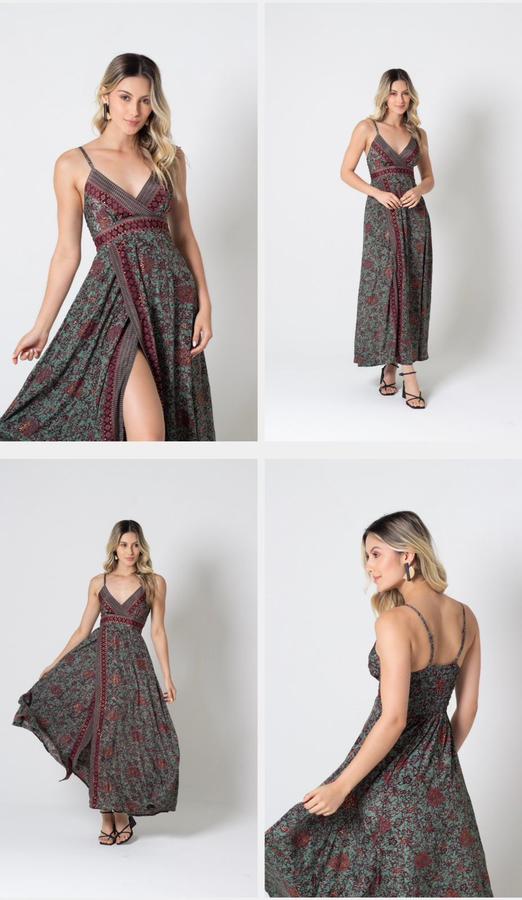 Vestido seda indiana longo com fenda