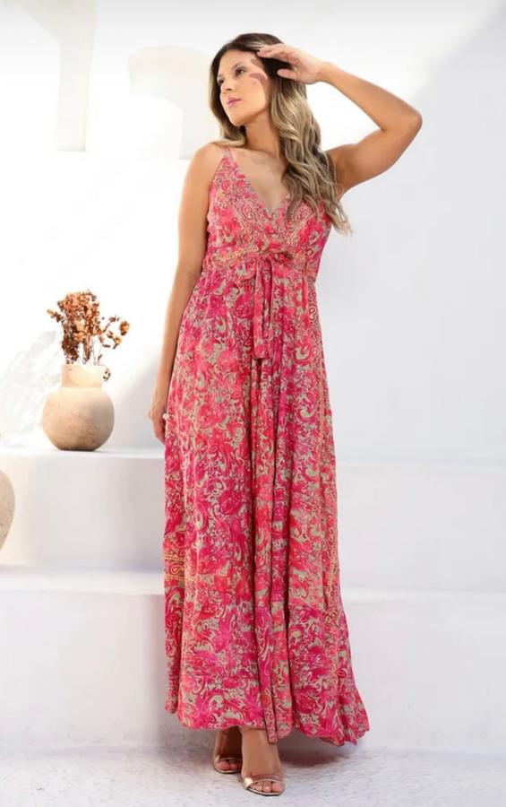 Vestido indiano longo seda de  costas lastex.