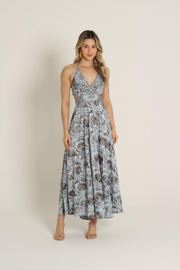 Vestido seda longo três amarrações